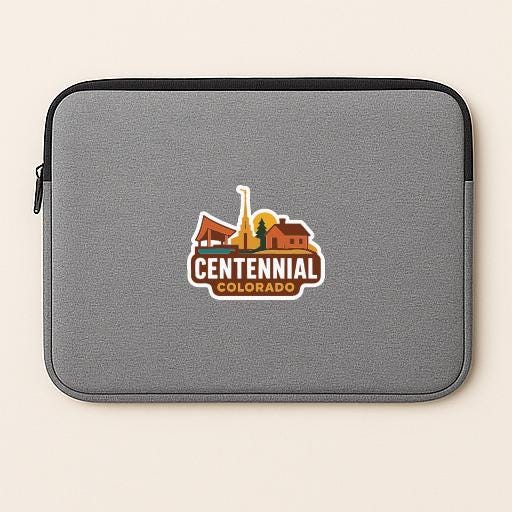 A gray laptop sleeve with a logo for Centennial Colorado.