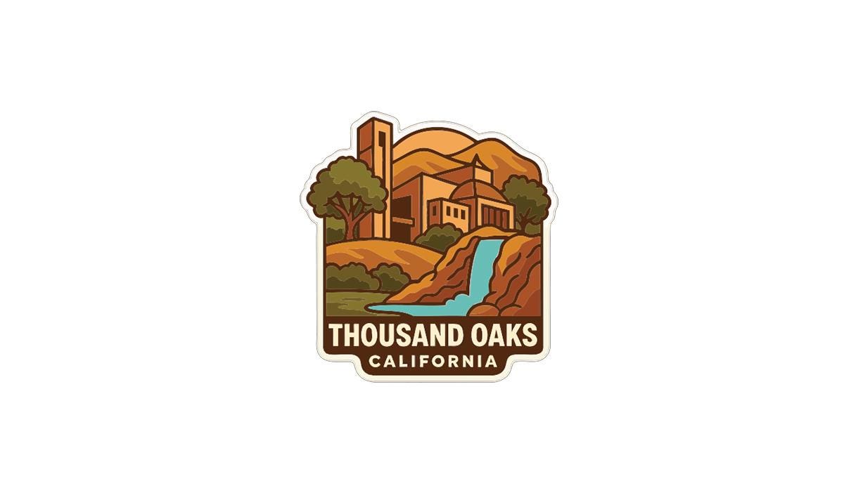 a stylized illustration of a landscape with a waterfall, mountains, and a building, representing the Thousand Oaks, California area.