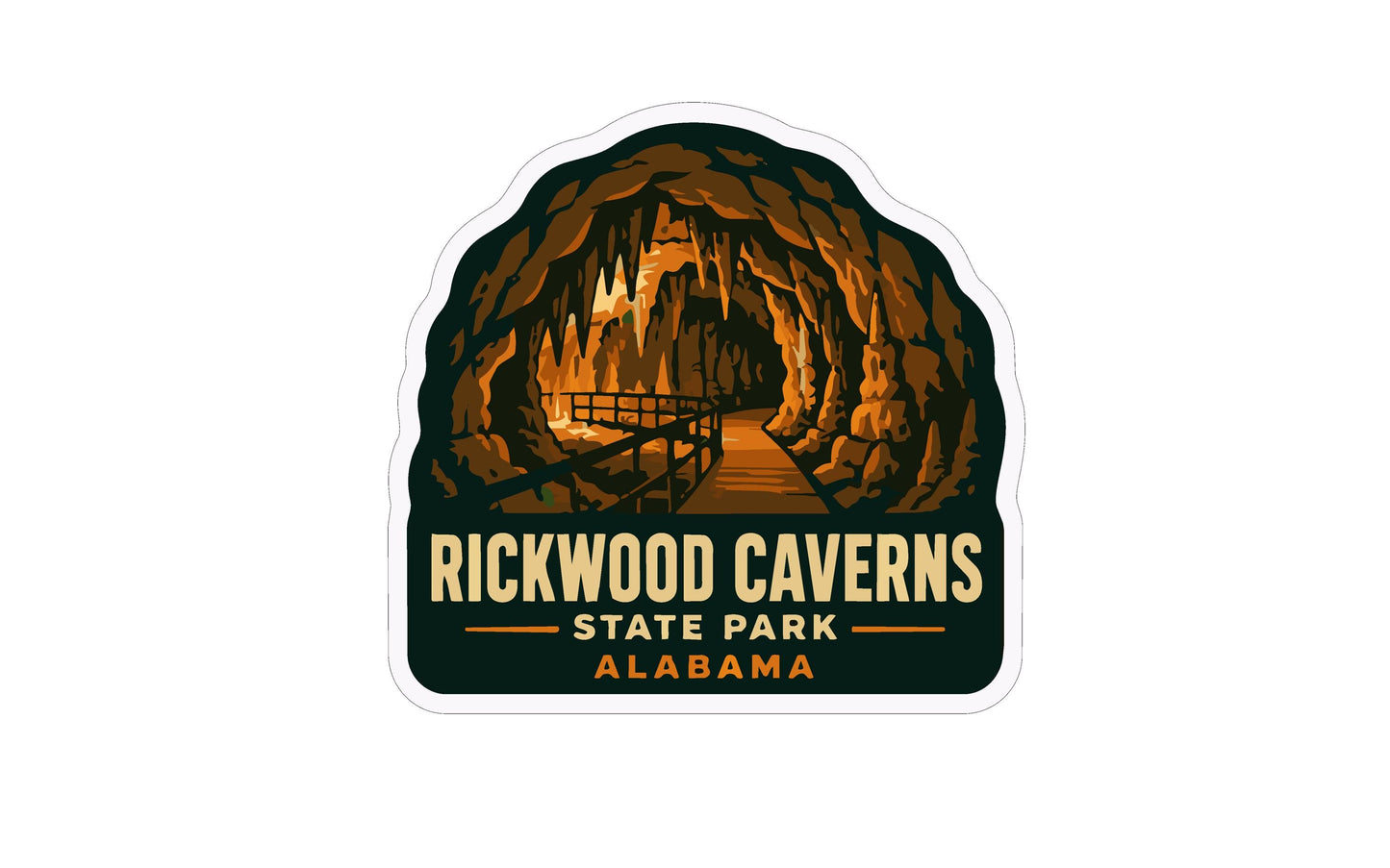 A sticker depicting the interior of a cave with a path leading through it, surrounded by rock formations and illuminated by a warm glow.