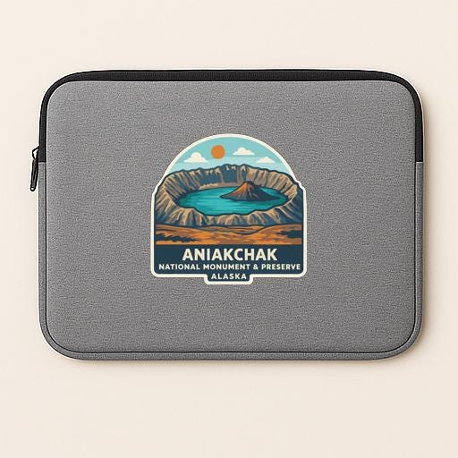 a gray laptop sleeve with a logo for the Aniakchak National Monument & Preserve in Alaska.