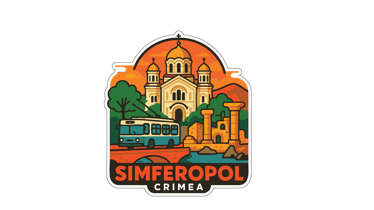 The image is a sticker or emblem featuring a stylized illustration of a cityscape with a church, a bus, and other architectural elements.