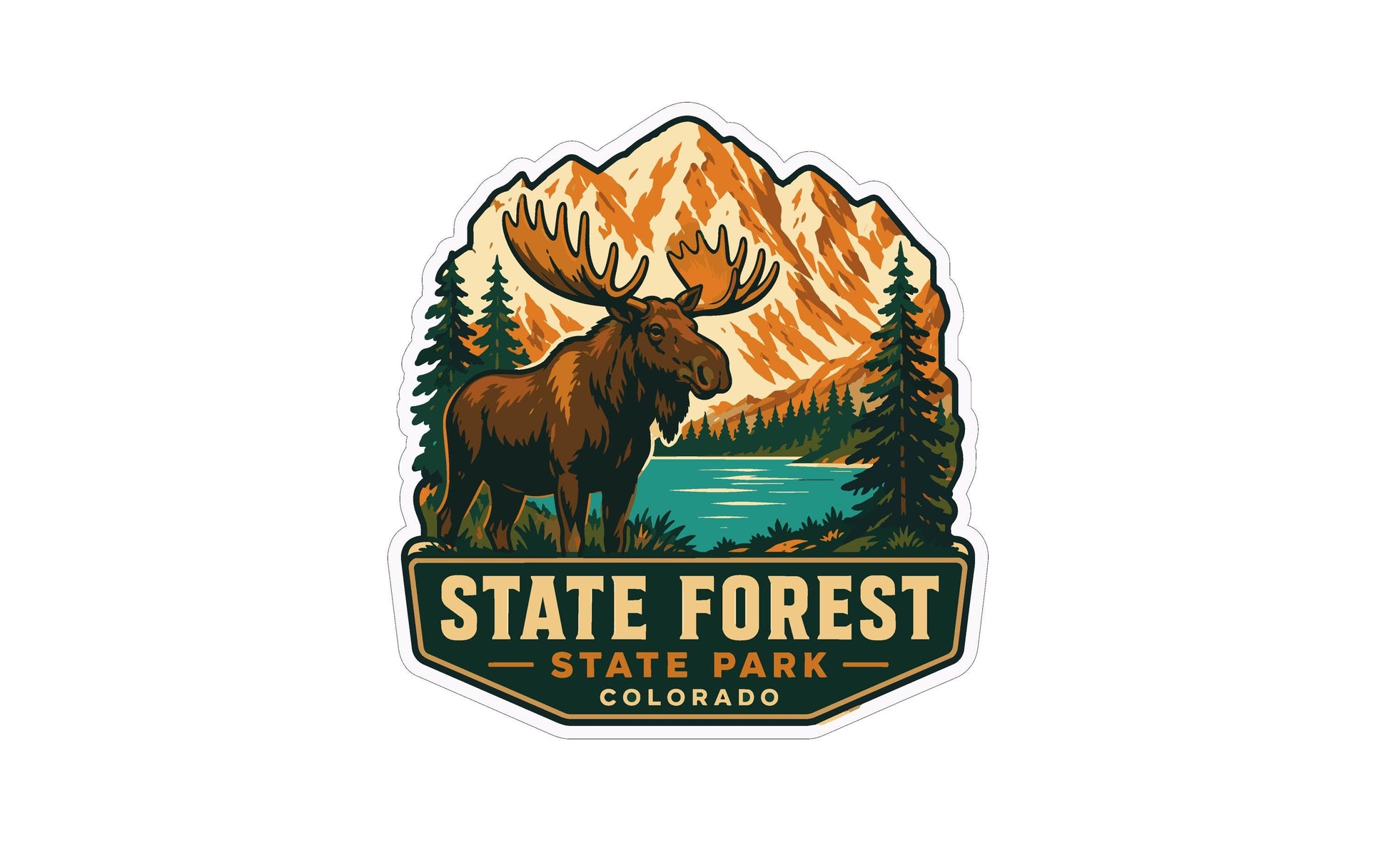 A moose standing in front of a mountain landscape with pine trees and a lake, representing the State Forest State Park in Colorado.