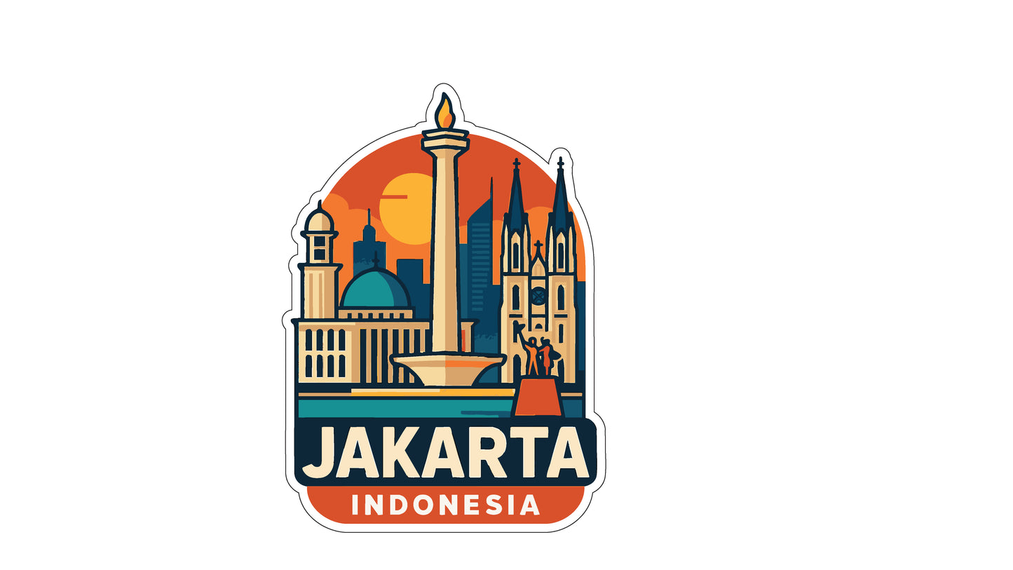 a stylized illustration of the skyline of Jakarta, Indonesia, with various landmarks and buildings depicted in a colorful and artistic manner.
