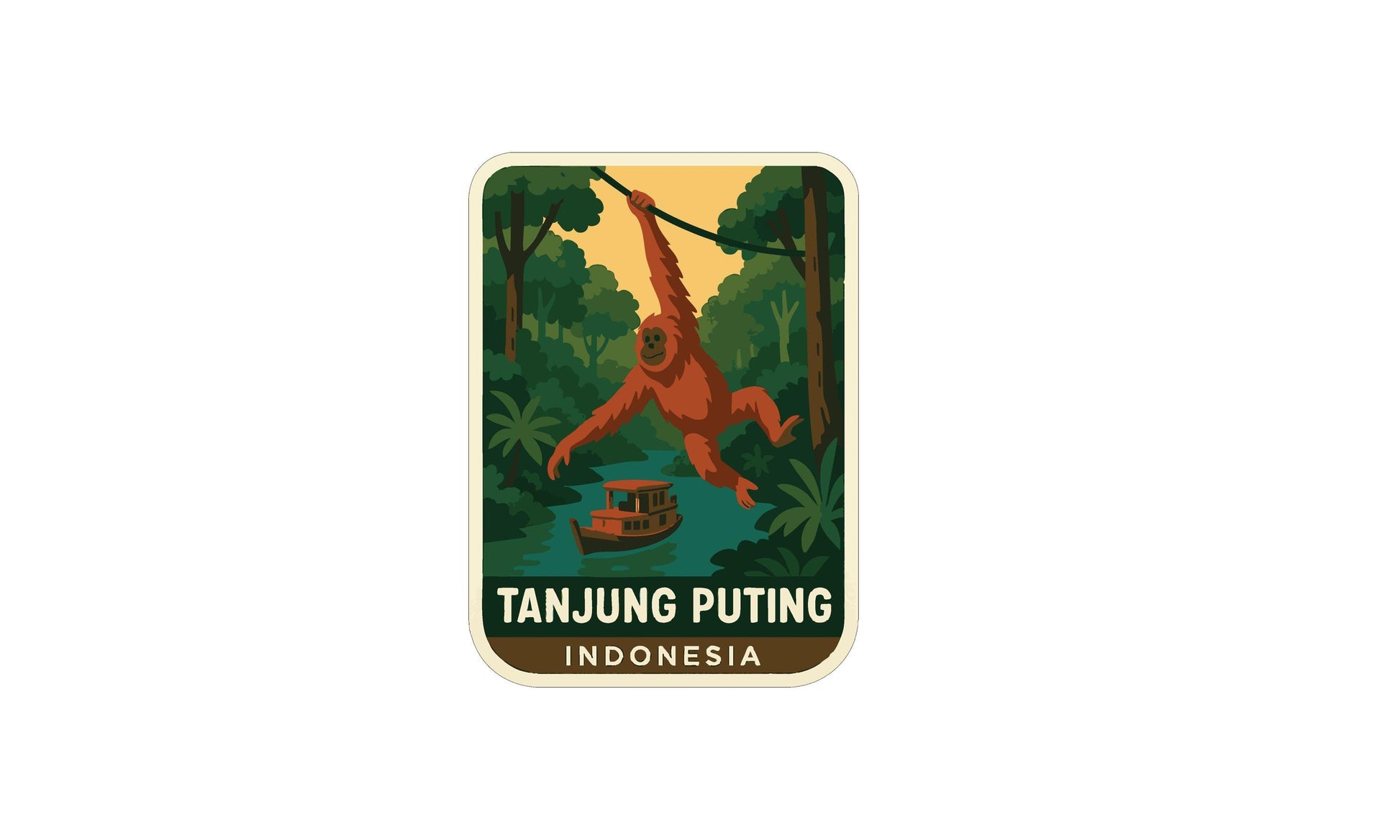 an illustration of an orangutan swinging from a tree branch in a jungle setting, with a boat in the water below.