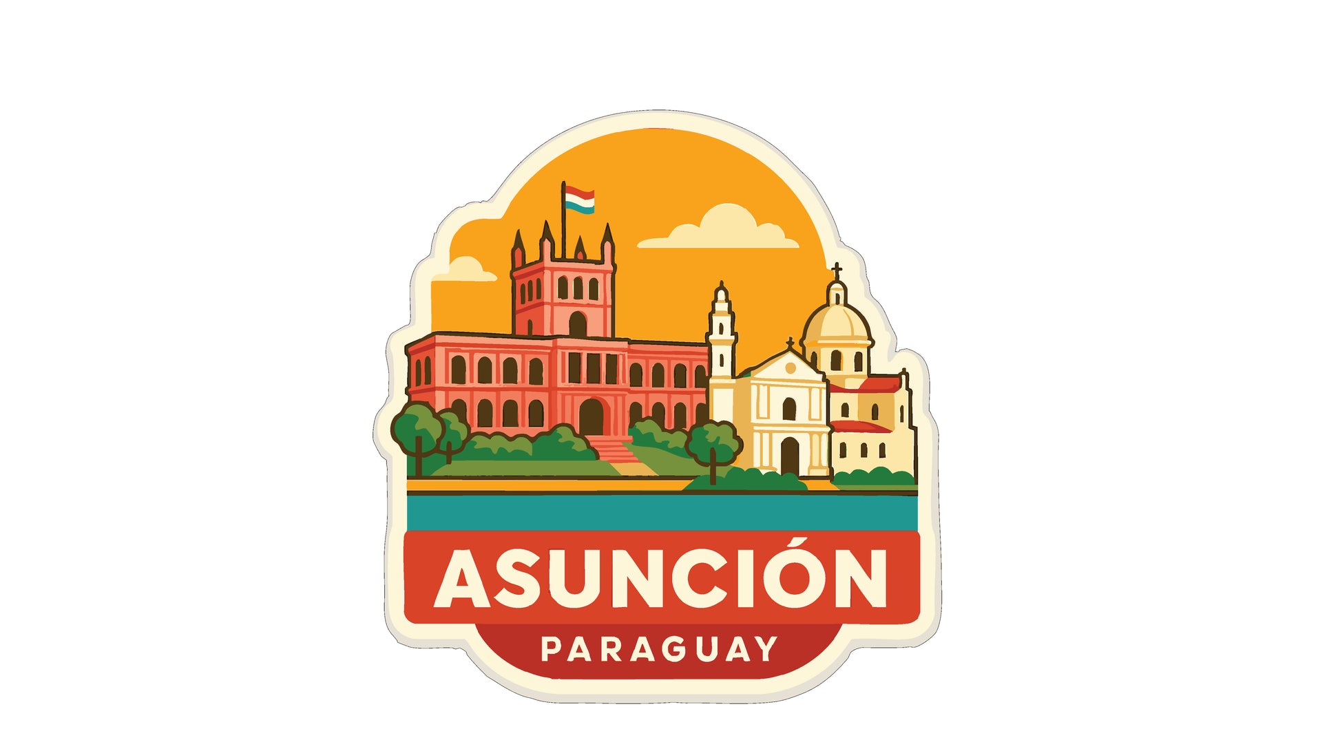 a colorful illustration of the city of Asuncion, Paraguay, with various landmarks and buildings depicted.