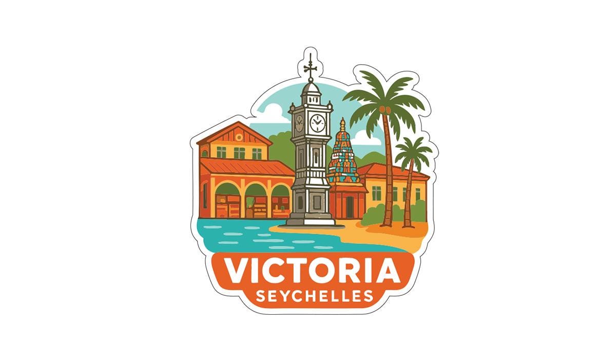 a colorful illustration of a cityscape with a clock tower, palm trees, and buildings, along with the text "VICTORIA SEYCHELLES".
