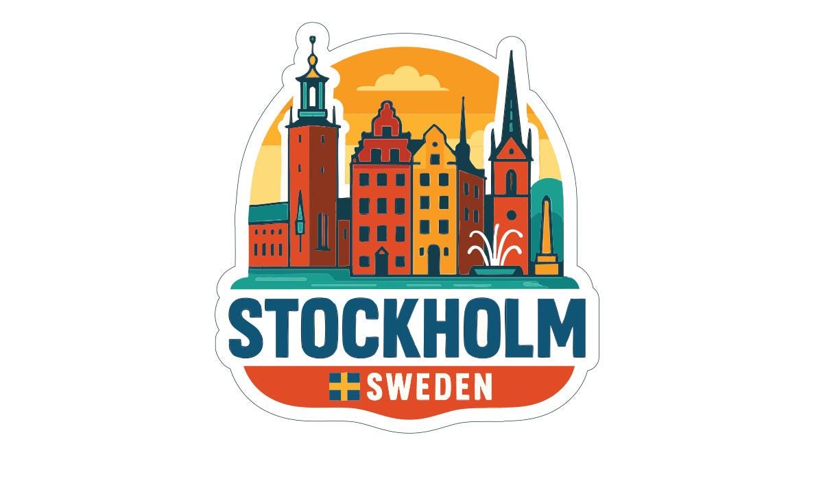 a sticker or logo depicting the city of Stockholm, Sweden.