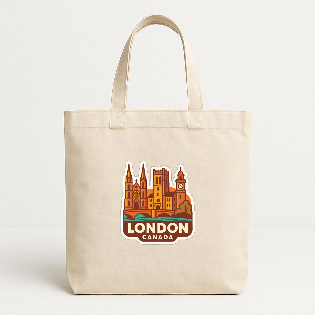 A beige tote bag with a printed design of a city skyline and the text "LONDON CANADA" printed on it.