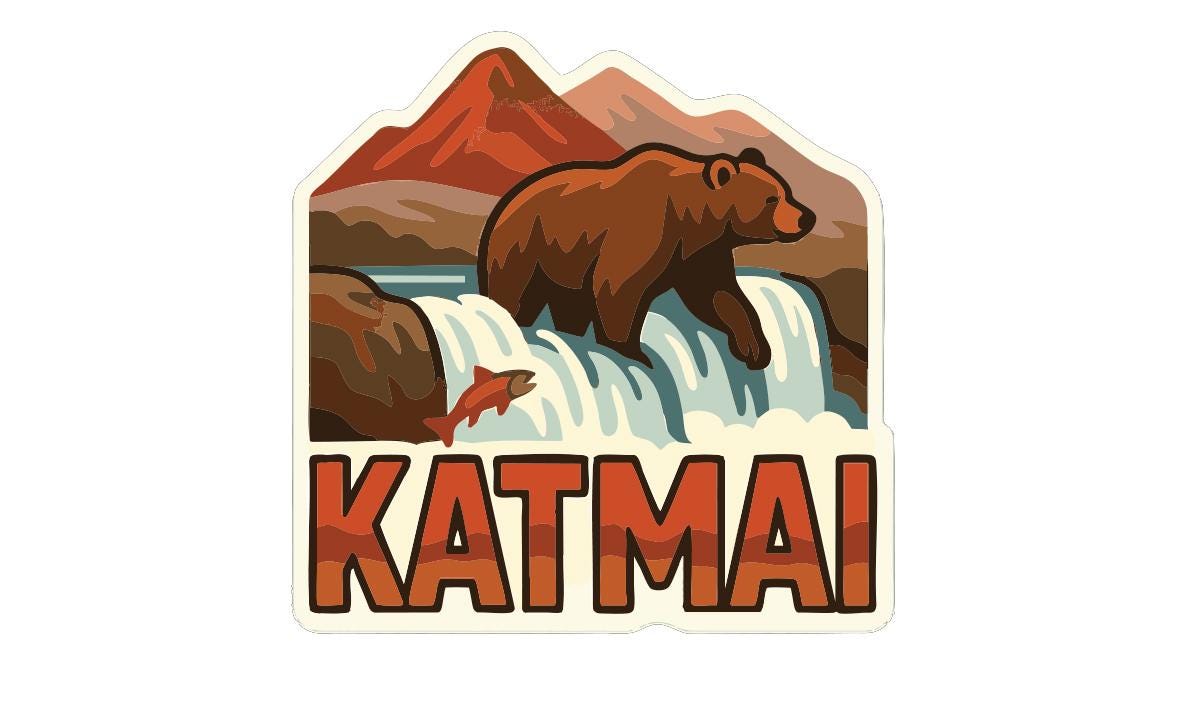 A sticker depicting a bear walking over a waterfall with mountains in the background.
