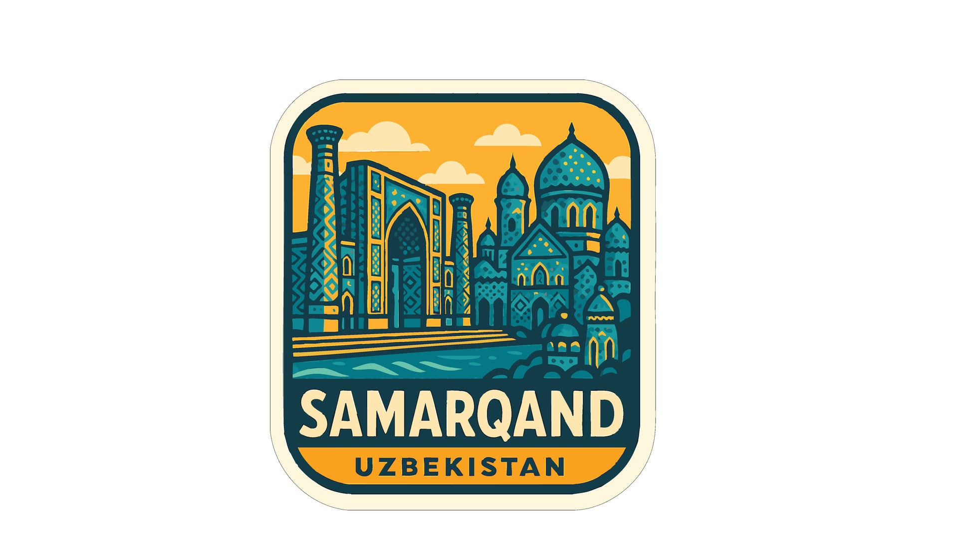 a sticker or emblem with a stylized illustration of a cityscape, including domes, arches, and other architectural elements. The text "SAMARQAND UZBEKISTAN" is prominently displayed, indicating the location of the depicted city.