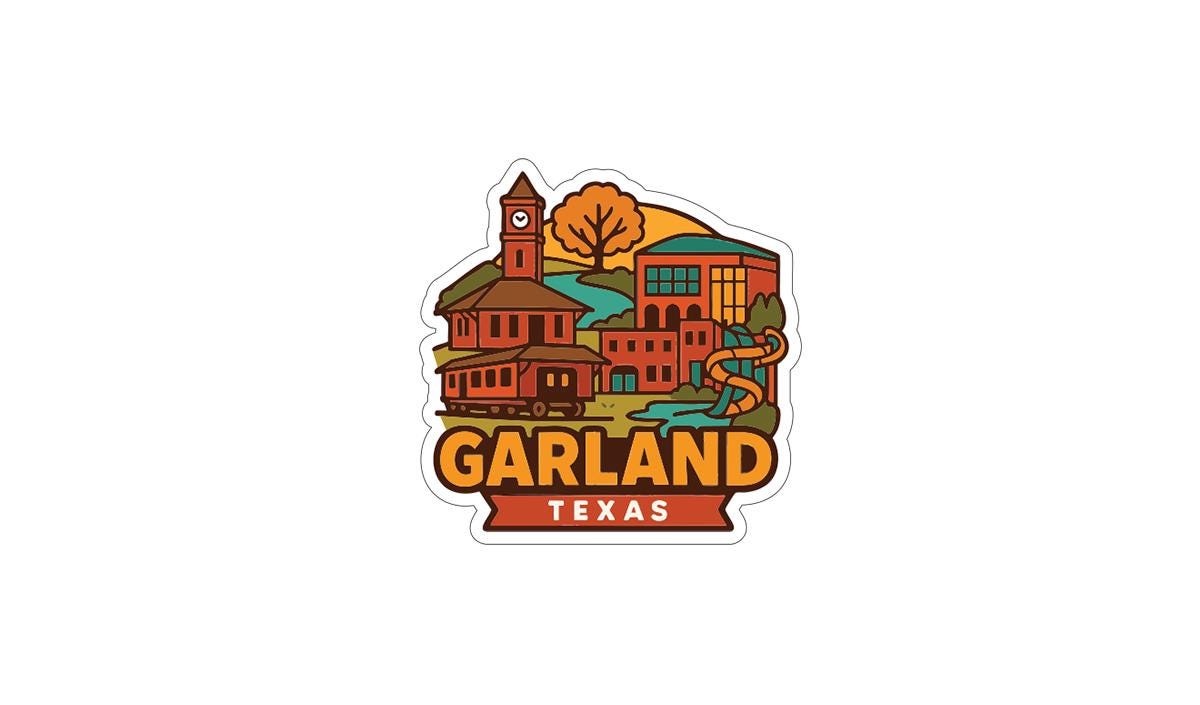 A sticker or logo depicting a cityscape with a clock tower, buildings, and a river, with the text "GARLAND TEXAS" prominently displayed.