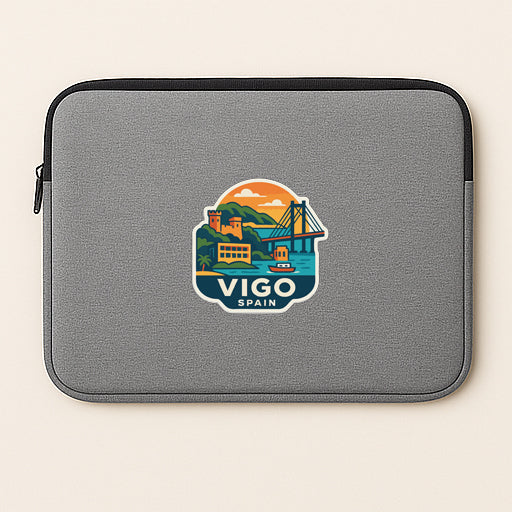 A gray laptop sleeve with a sticker depicting a scenic view of Vigo, Spain.