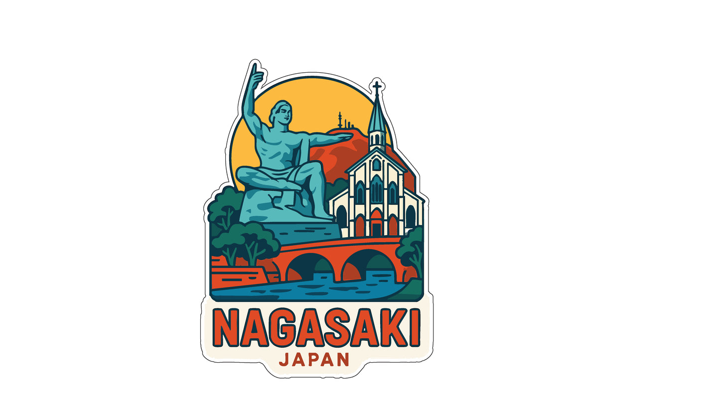 A sticker depicting a statue of a man holding a flag, with a church and a bridge in the background, representing the city of Nagasaki, Japan.