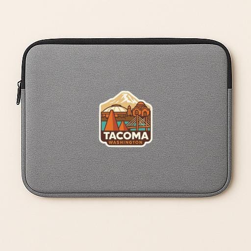 A gray laptop sleeve with a sticker of a cityscape and mountain in the center.