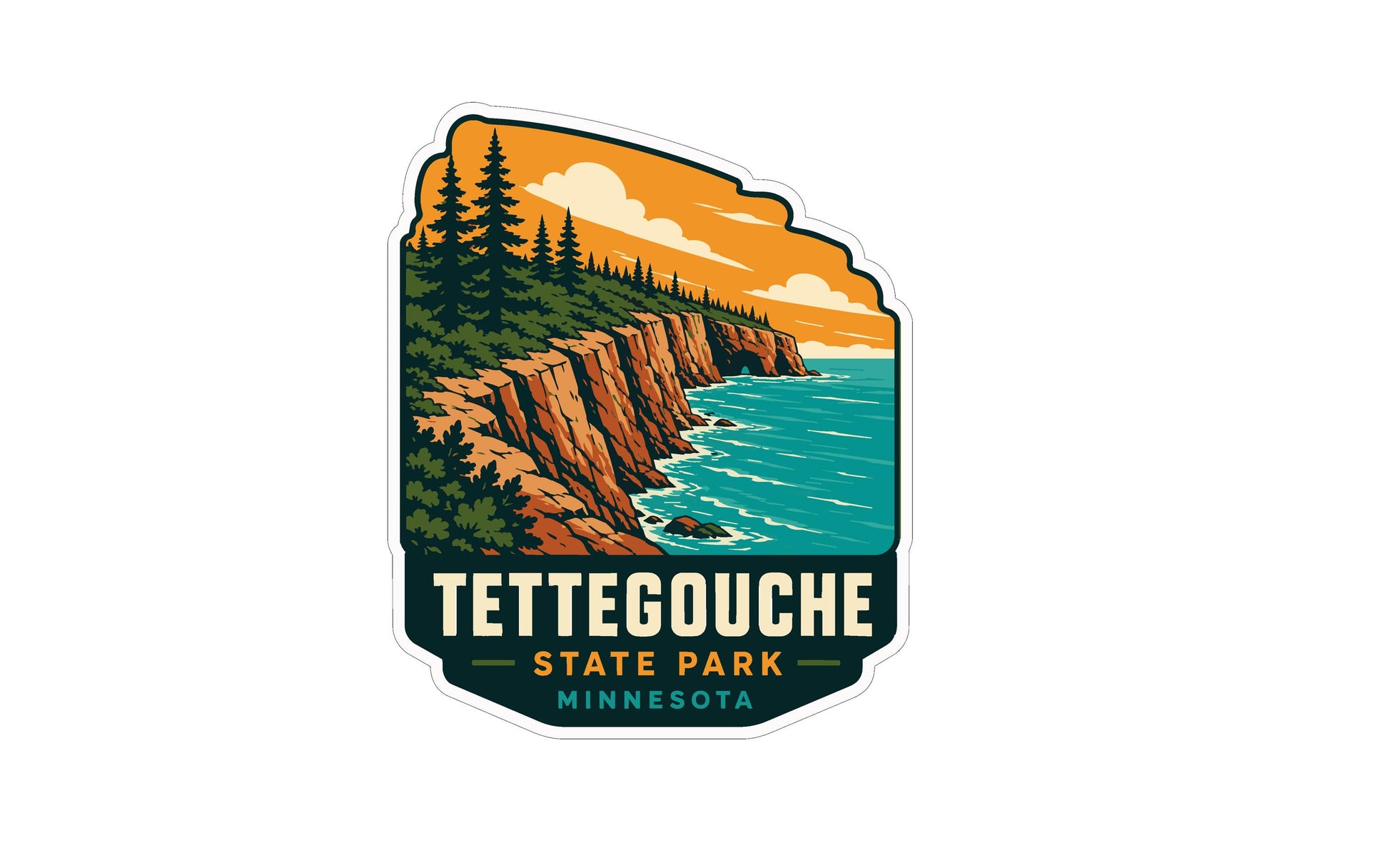A sticker or logo depicting a scenic coastal landscape with cliffs, pine trees, and a body of water, likely representing Tettegouche State Park in Minnesota.