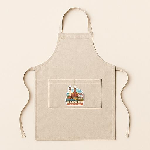 A beige apricot with a small embroidered patch on the front, featuring a cityscape design.