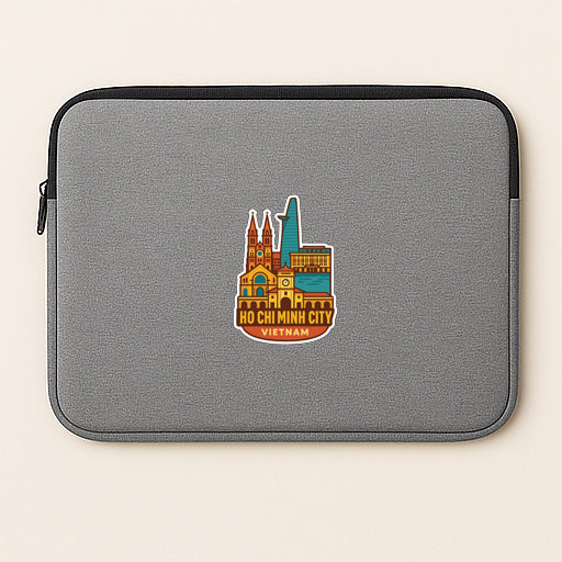 A gray laptop sleeve with a sticker depicting the skyline of Ho Chi Minh City, Vietnam.