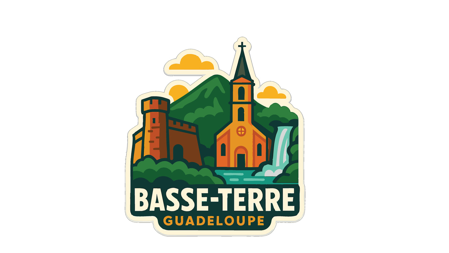 a sticker or logo depicting a castle, church, and waterfall in a scenic landscape.