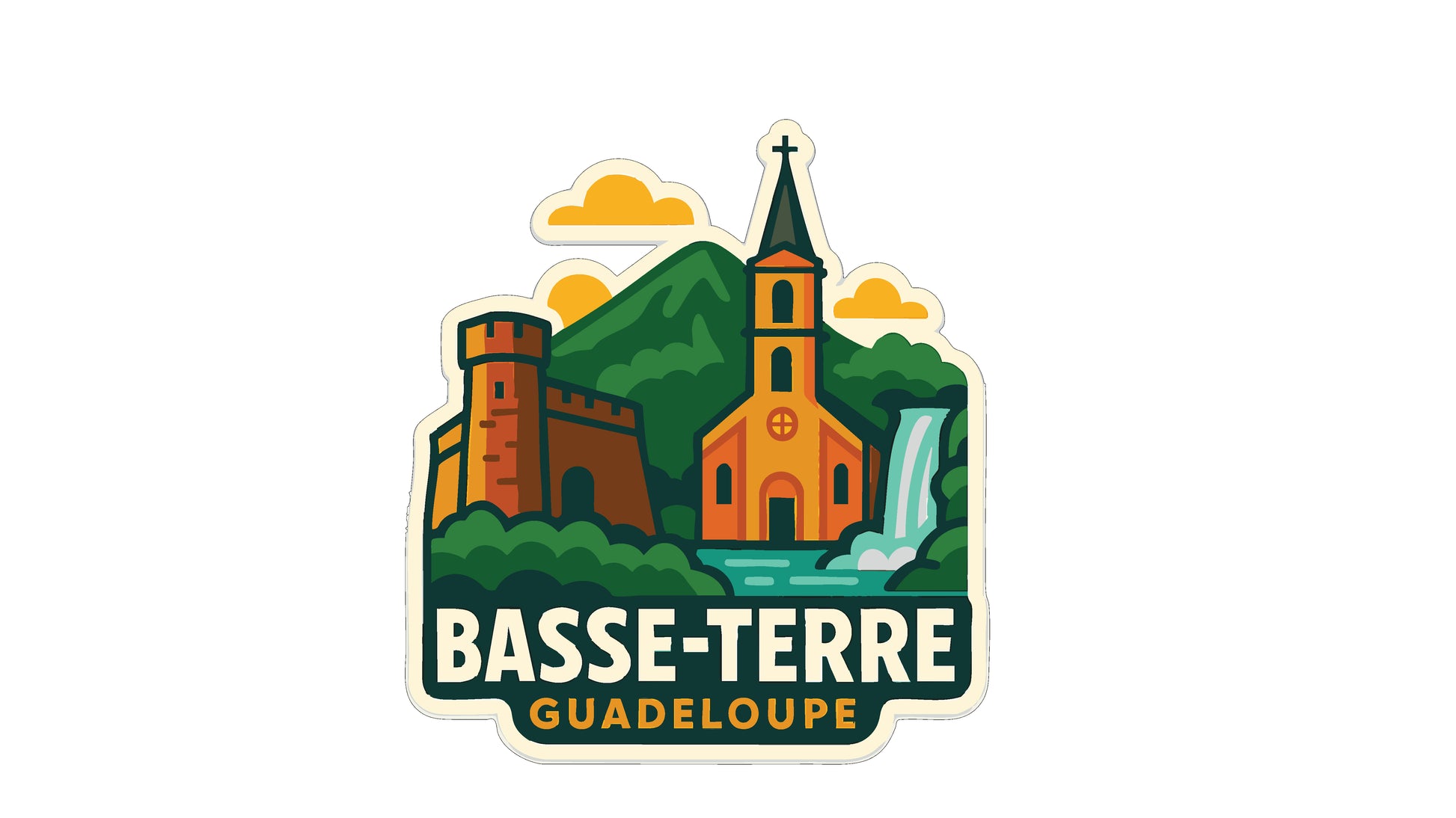 a sticker or logo depicting a castle, church, and waterfall in a scenic landscape.