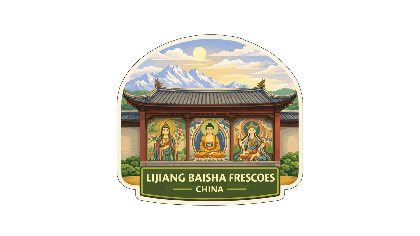 a traditional Chinese temple with three Buddha statues in front of it, set against a mountainous landscape.