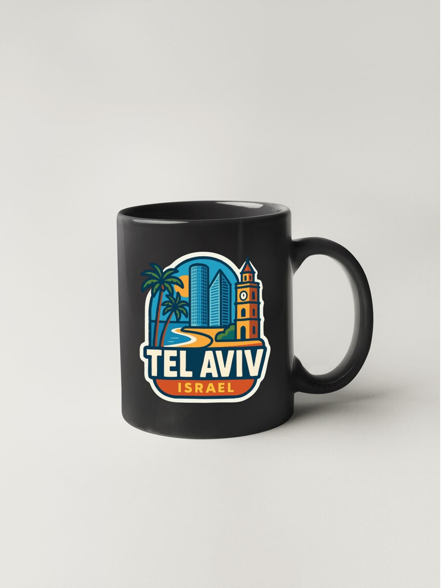 A black coffee mug with a colorful graphic design depicting the city of Tel Aviv, Israel.