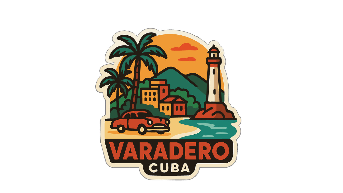 A sticker depicting a tropical scene with a lighthouse, palm trees, a car, and a sunset over a mountain range.