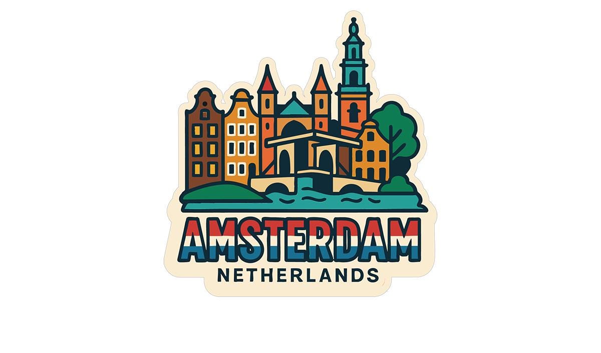 a sticker with a picture of a castle in the background