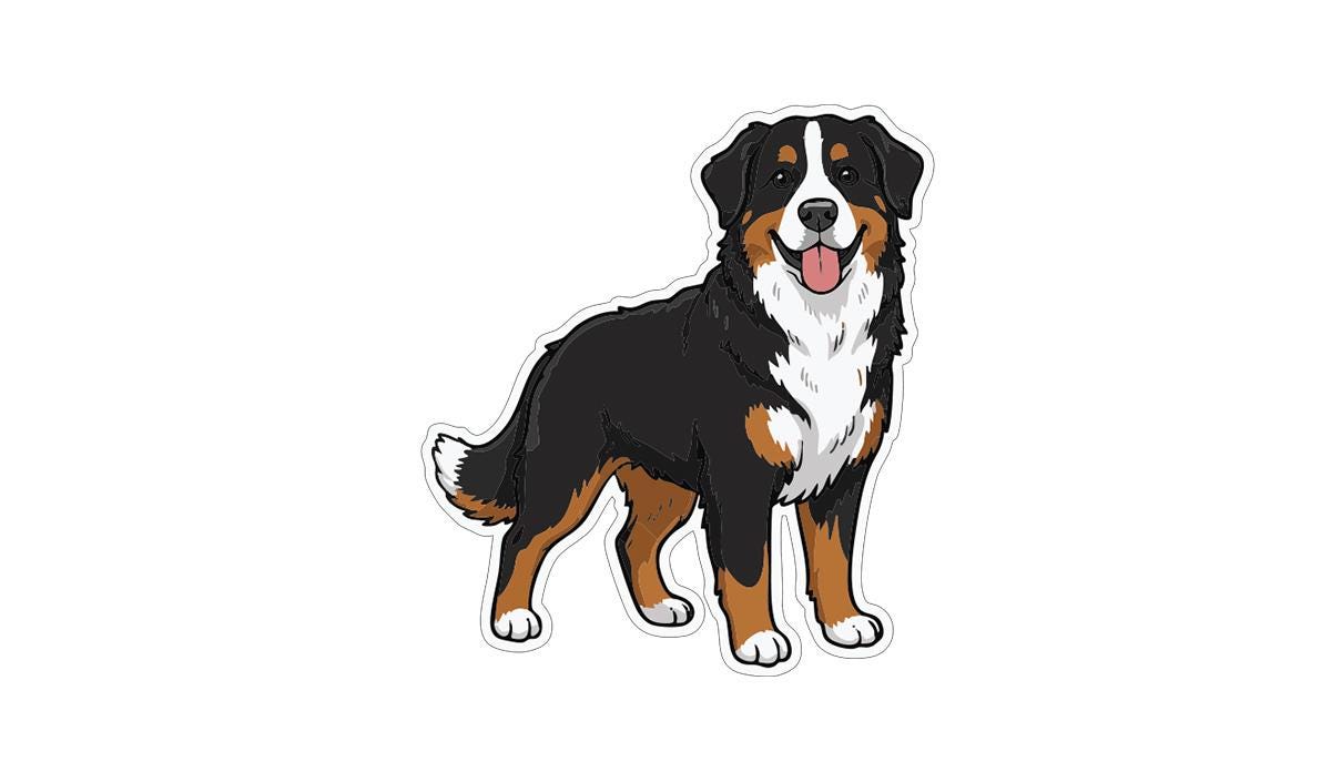 A cartoon illustration of a dog with a friendly expression, standing on all fours and looking directly at the viewer.