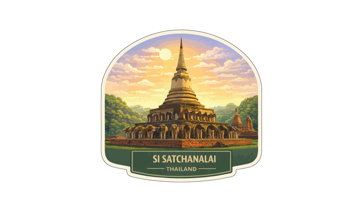 a large, multi-tiered temple structure with a pointed spire, set against a colorful sky with clouds and a sun. The text "SI SATCHANALI THAILAND" is displayed below the temple, indicating the location.