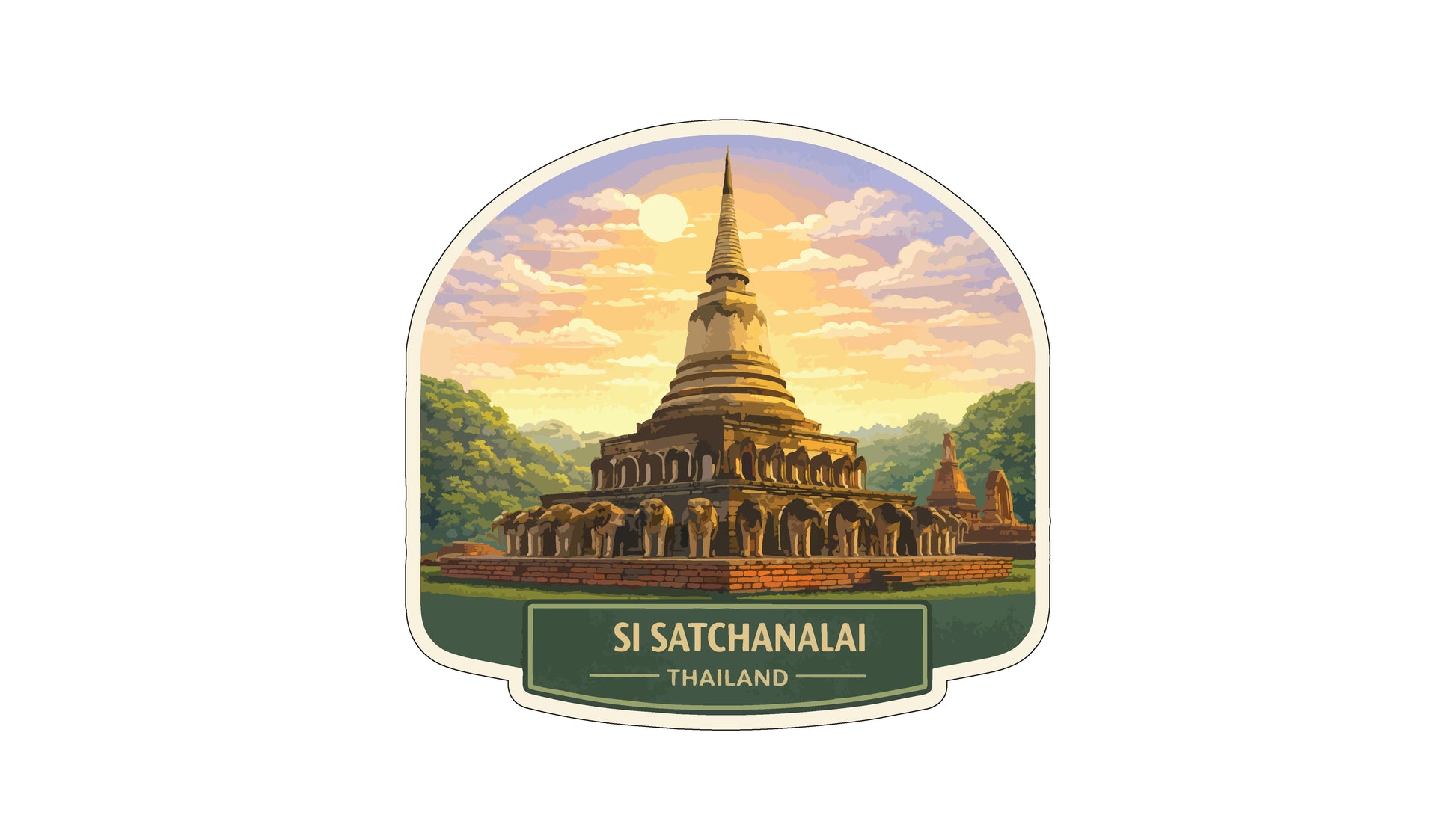a large, multi-tiered temple structure with a pointed spire, set against a colorful sky with clouds and a sun. The text "SI SATCHANALI THAILAND" is displayed below the temple, indicating the location.