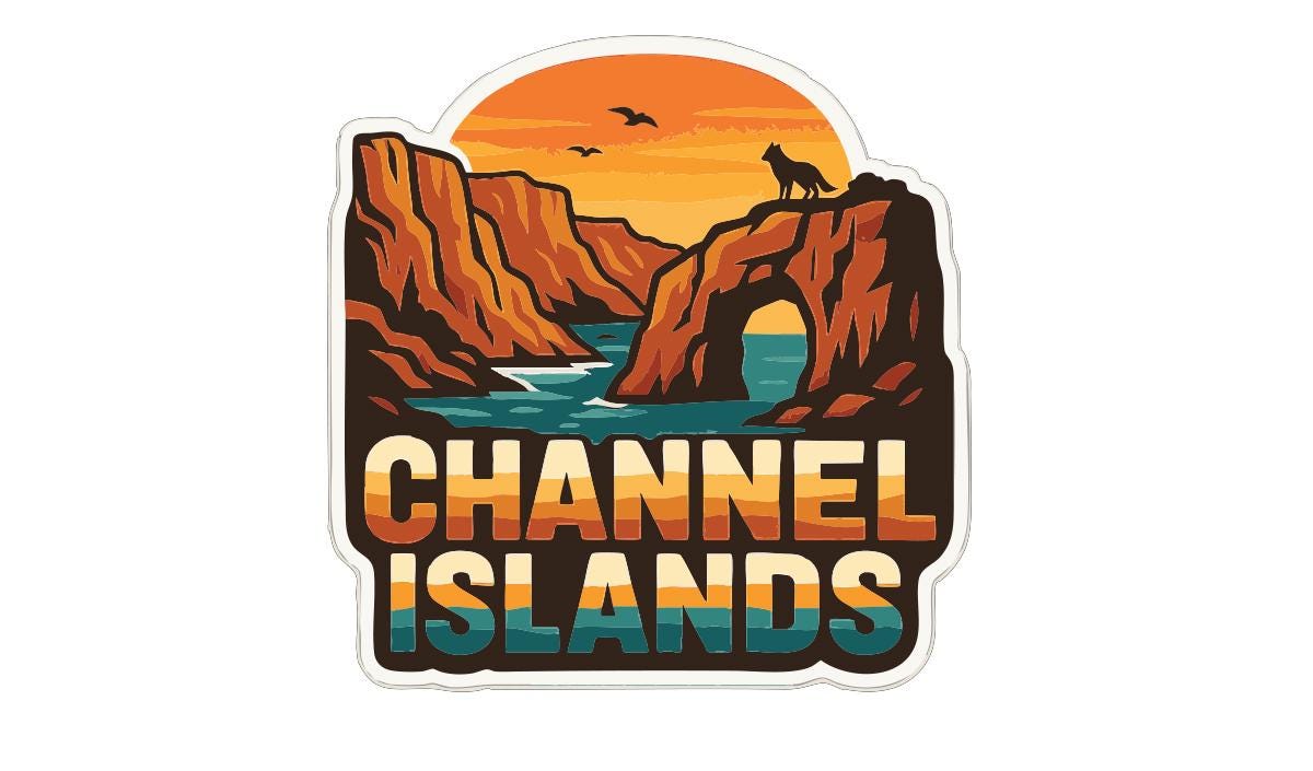 A sticker or logo depicting a scenic landscape with mountains, a river, and a sunset. The text "CHANNEL ISLANDS" is prominently displayed, indicating the location or theme of the image.
