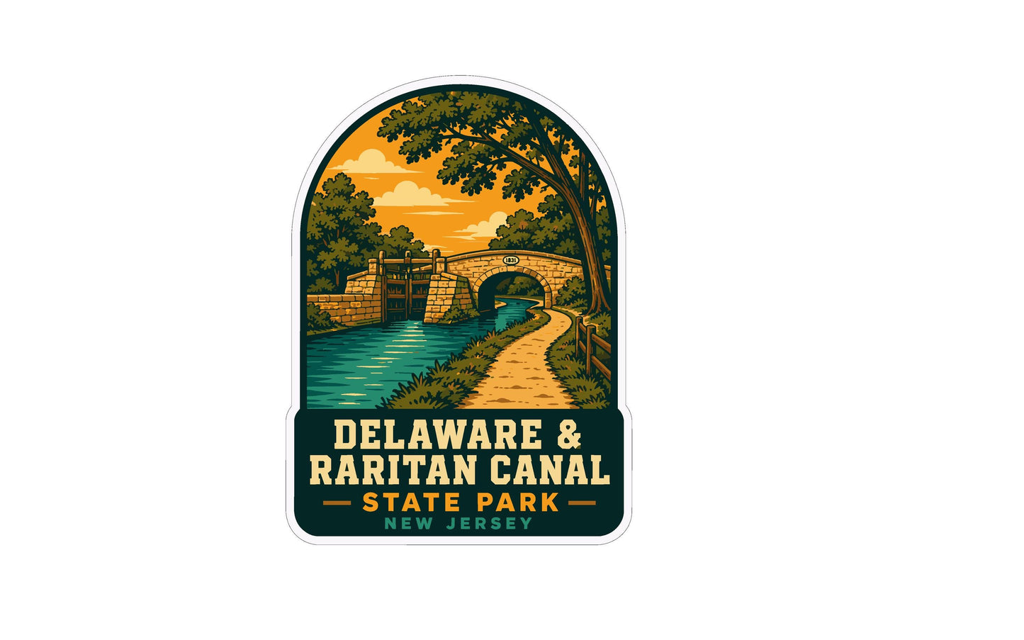 a sticker or label with an illustration of a canal and a bridge, surrounded by trees and a cloudy sky.