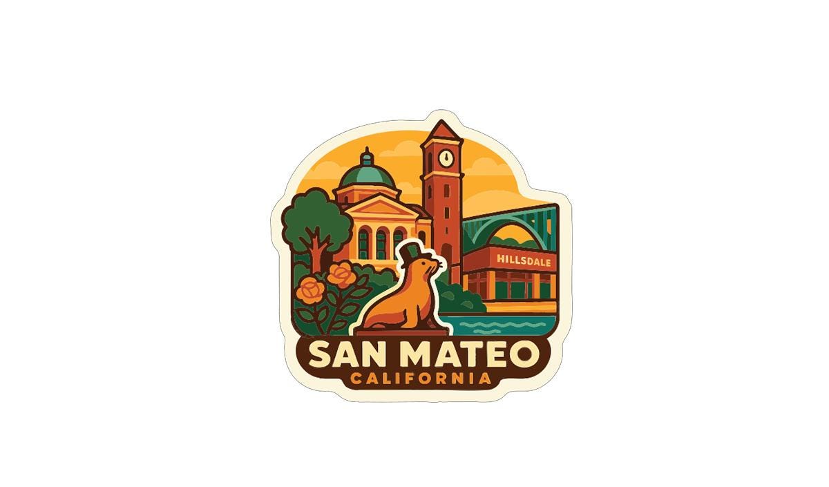 A sticker or emblem featuring a cityscape with a clock tower, buildings, and a seal, along with the text "SAN MATEO, CALIFORNIA".