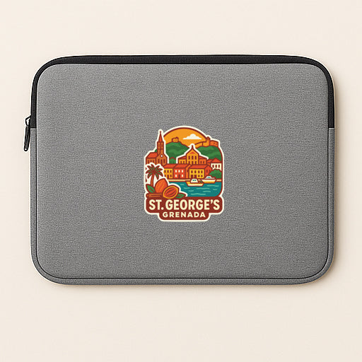 A gray laptop sleeve with a colorful graphic of St. George's Grenada on it.