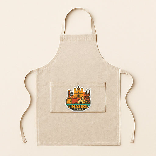 A beige apricot with a colorful graphic of a city skyline on the front pocket.