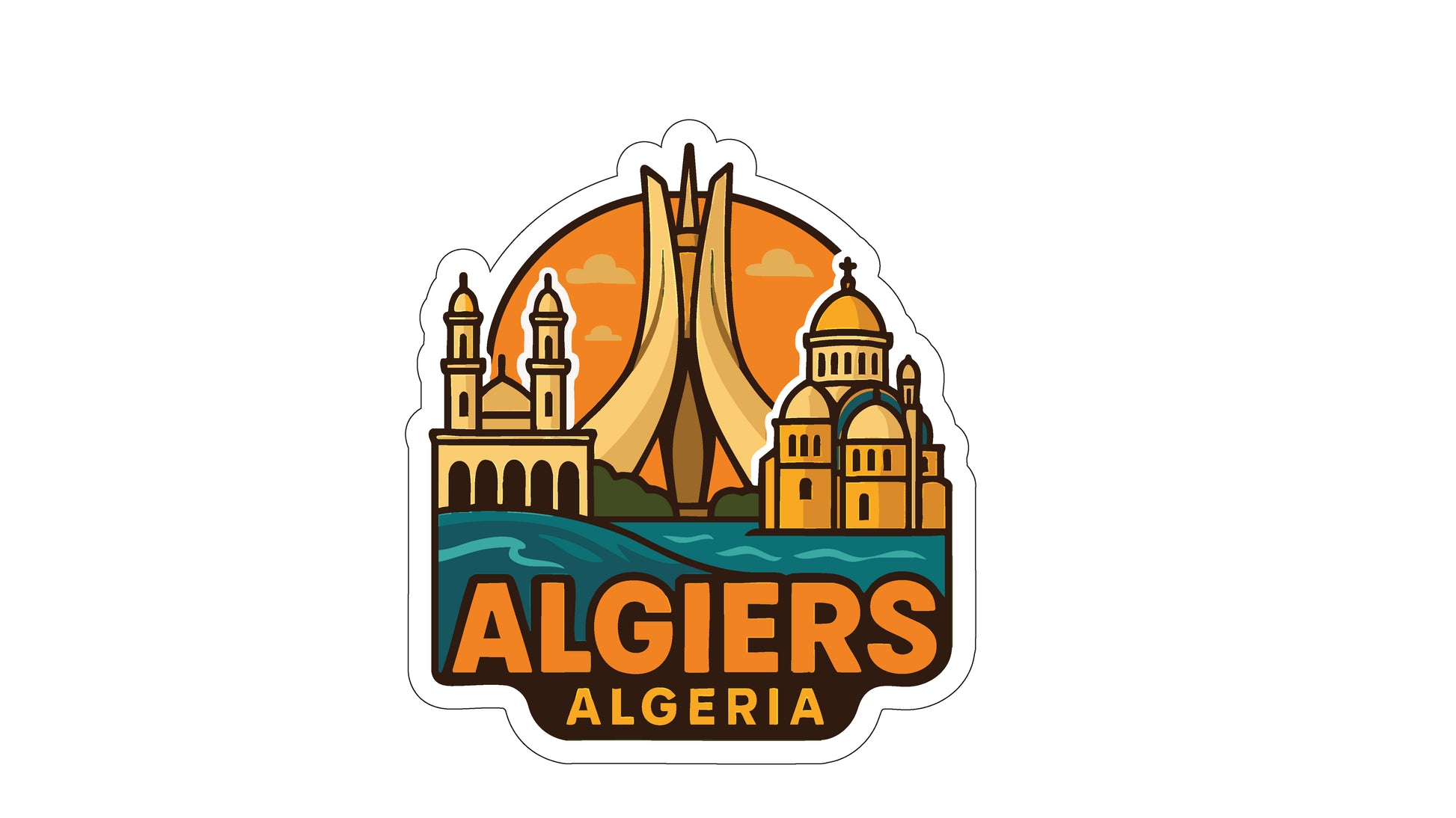 a sticker or logo with the text "ALGiers Algeria" and various architectural elements, including domes, towers, and a bridge, all set against a backdrop of a sunset.
