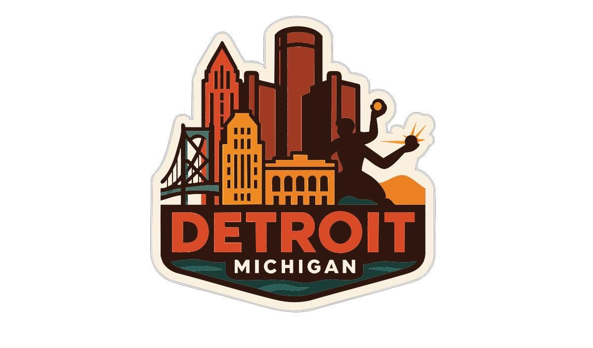 A stylized sticker or emblem featuring the skyline of Detroit, Michigan, with various landmarks and buildings depicted in a colorful, vintage-inspired design.