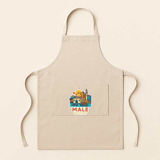 A beige apricot with a graphic of a city skyline and the text "MALÉS" printed on it.