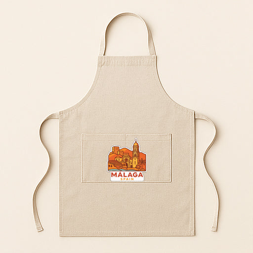 A beige apricot with a graphic of a city skyline and the text "MALAGA, SPAIN" printed on it.