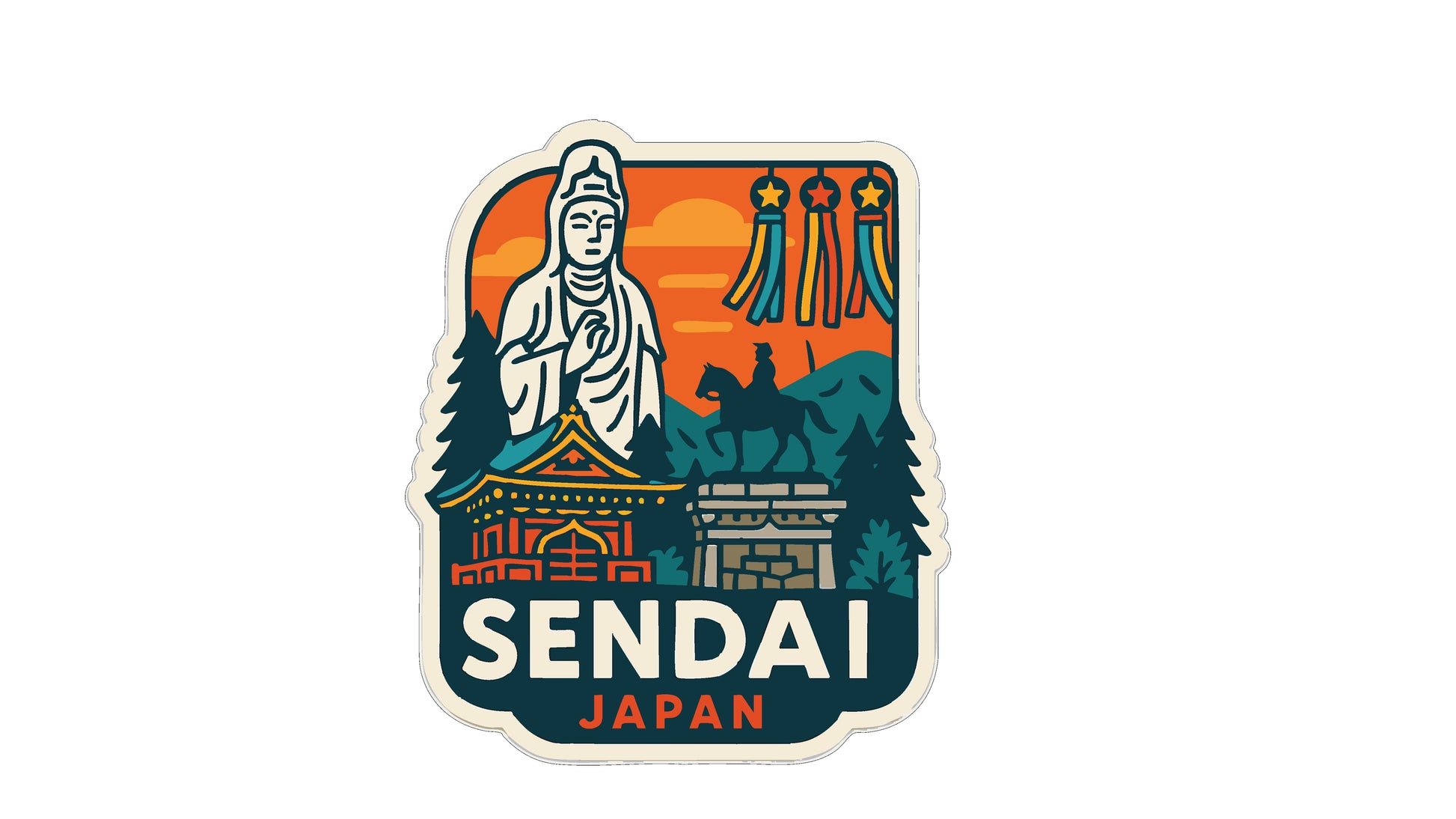 The image is a sticker or emblem featuring a stylized illustration of a deity, a temple, and a person riding a horse, with the text "SENDAI JAPAN" prominently displayed.