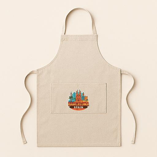 A beige apricot with a graphic of a city skyline and the text "Barcelona Spain" printed on it.
