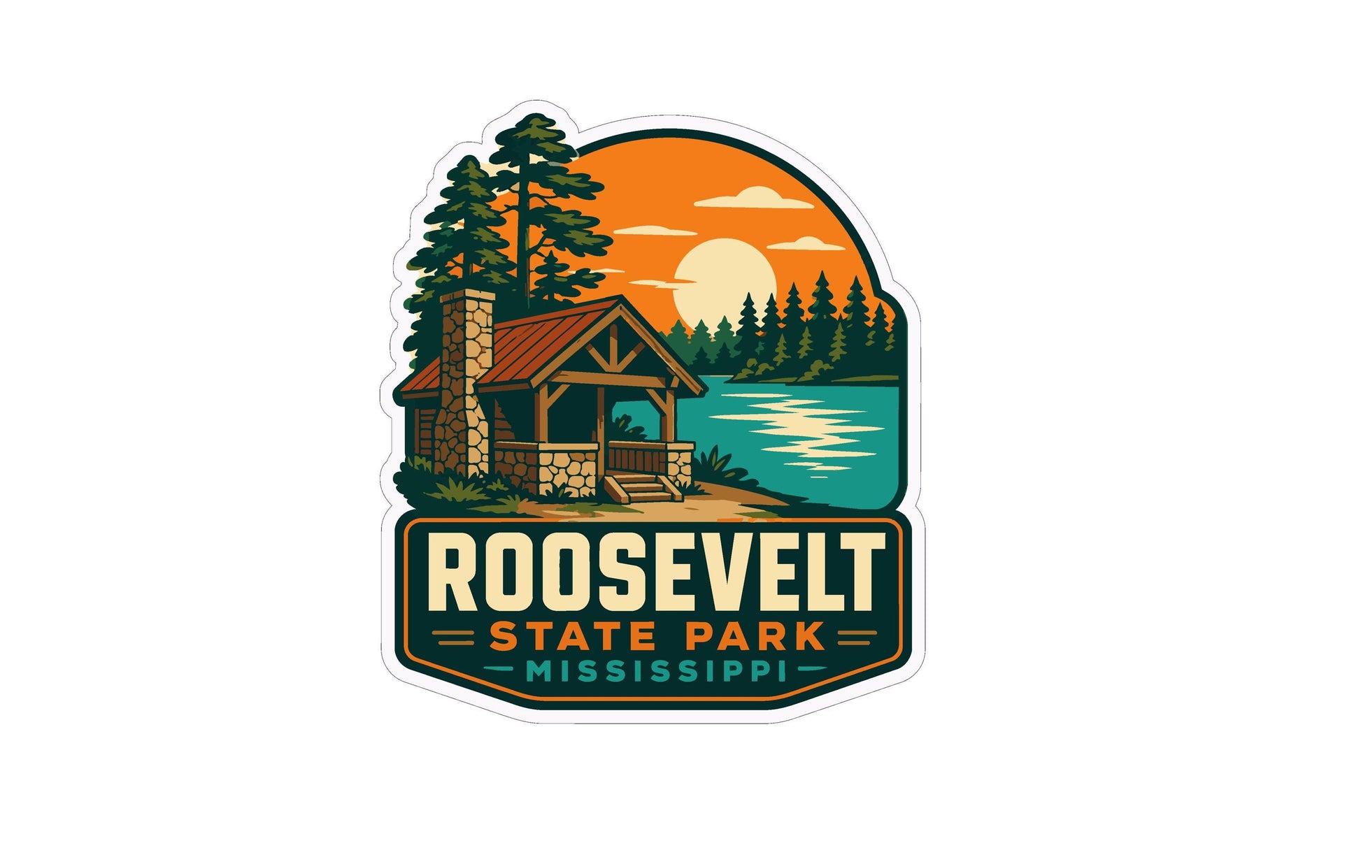 A sticker or logo depicting a cabin surrounded by trees and a lake, with a sunset in the background. The text "Roosevelt State Park, Mississippi" is prominently displayed.