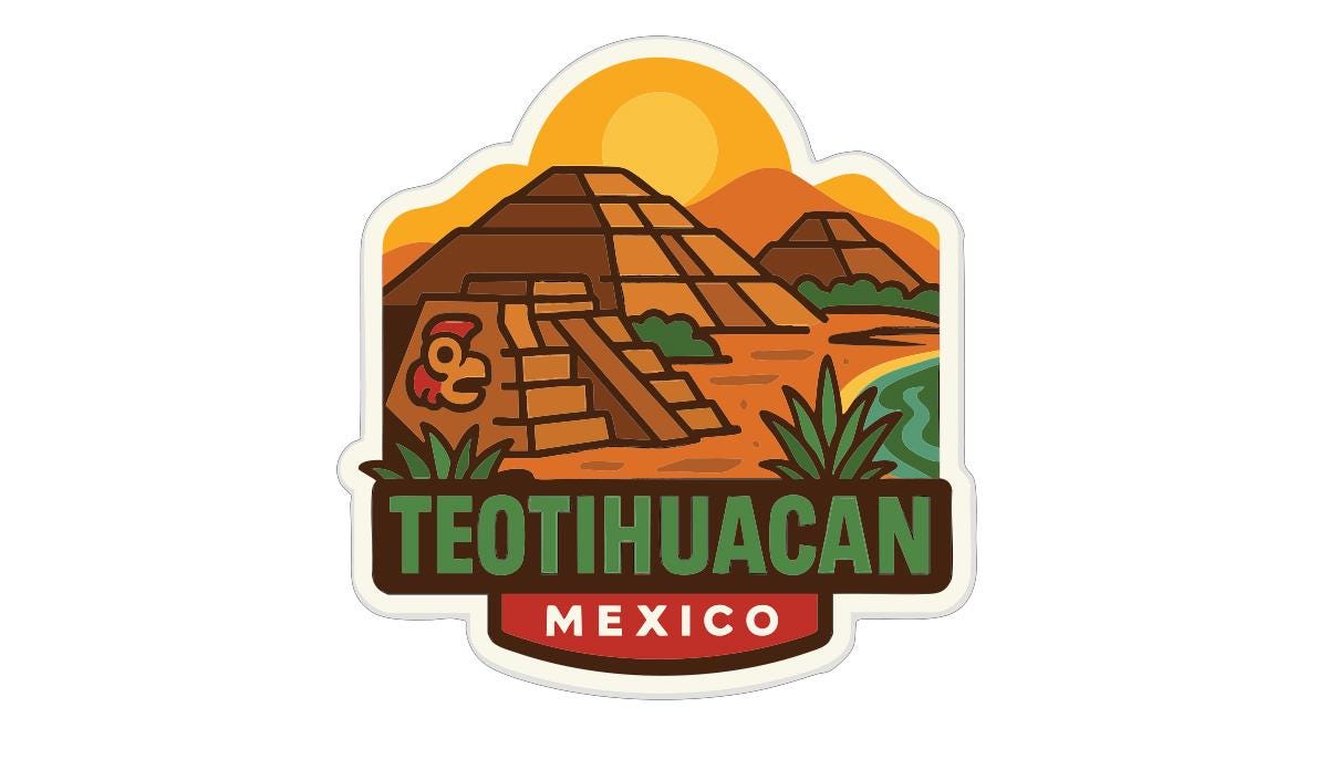 A colorful sticker or emblem depicting the Teotihuacan ruins in Mexico, with a sun in the background and mountains in the distance.