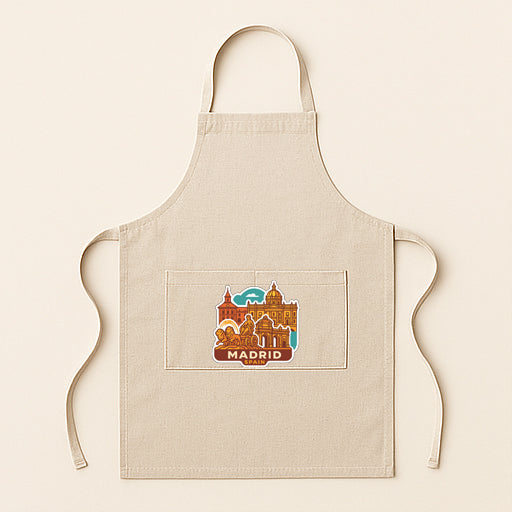 A beige apricot with a graphic of a city skyline and the text "Madrid" printed on it.