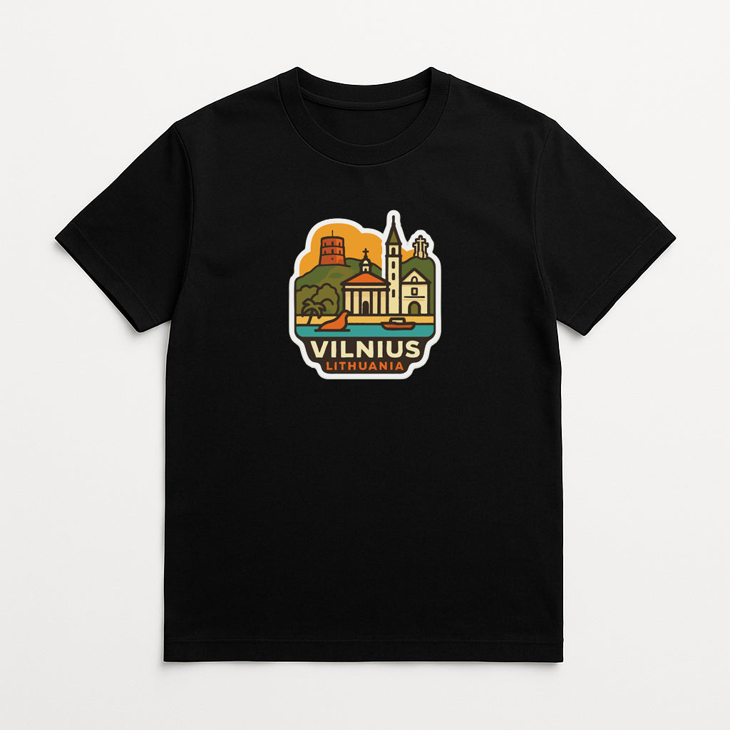 A black t-shirt with a graphic design depicting the city of Vilnius, Lithuania.