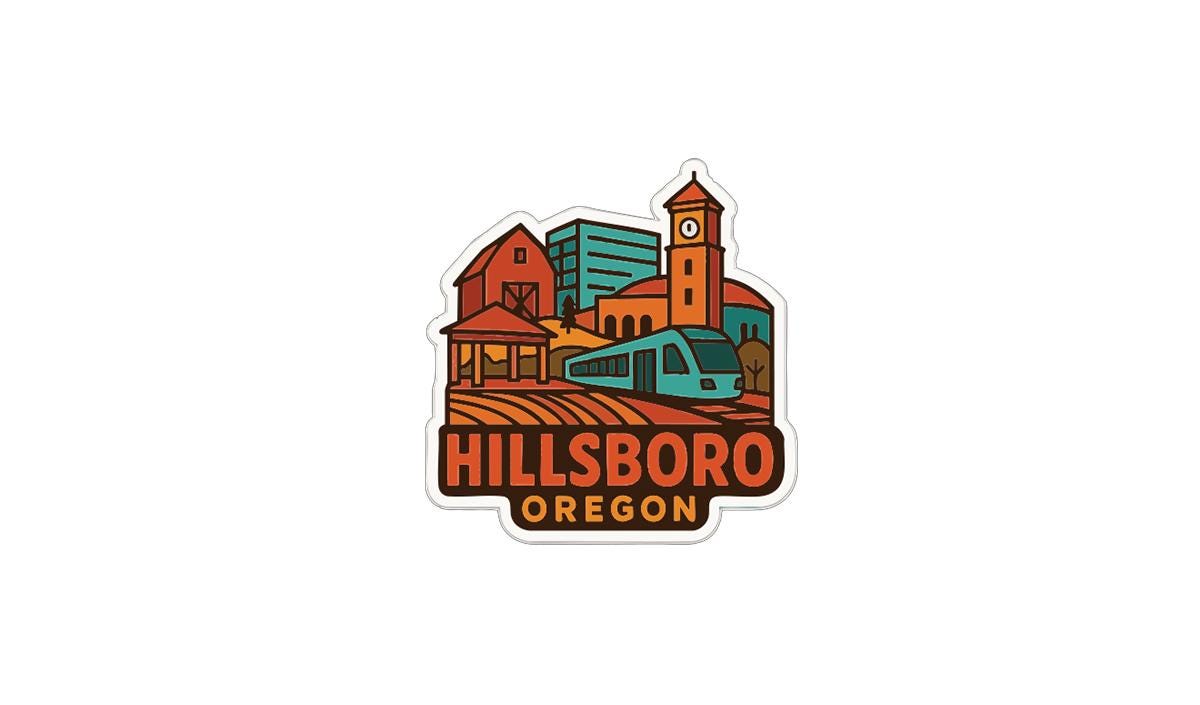 A sticker or logo depicting the Hillsboro, Oregon area, featuring a train, buildings, and a clock tower.