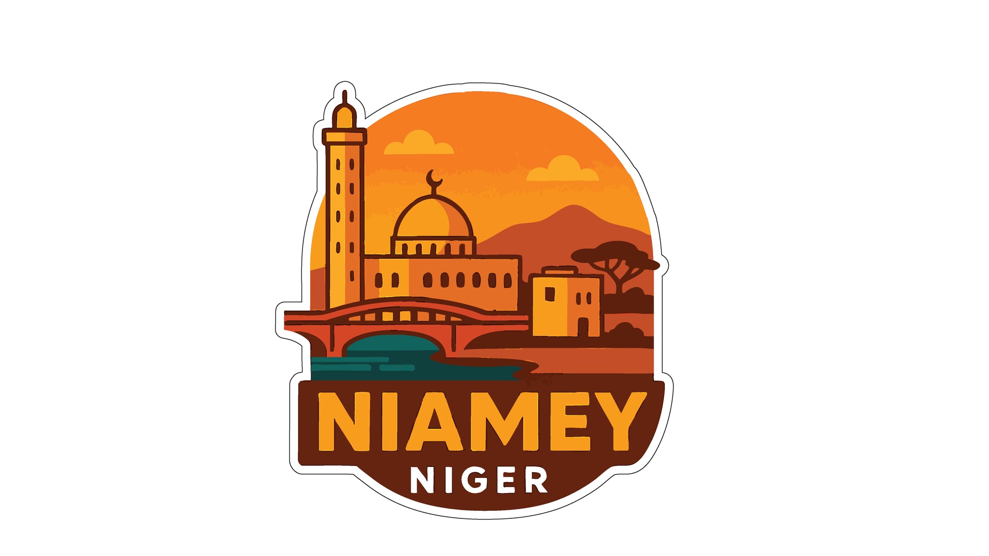 a sticker or logo depicting a cityscape with a mosque, a bridge, and mountains in the background. The text "NIAMEY NIGER" is prominently displayed in the center of the image.