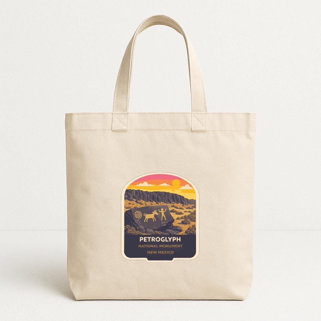 A beige tote bag with a graphic design depicting a desert landscape with a sunset and a figure in the foreground.