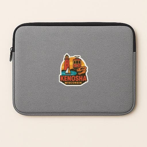 A gray laptop sleeve with a sticker depicting landmarks and a lighthouse, along with the text "KENOSHA WISCONSIN".