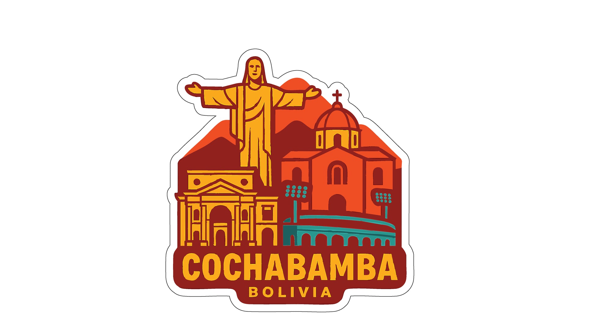 The image is a sticker or emblem featuring the city of Cochabamba, Bolivia. It includes a stylized depiction of Christ the Redeemer, a prominent landmark in the city, along with various buildings and structures.